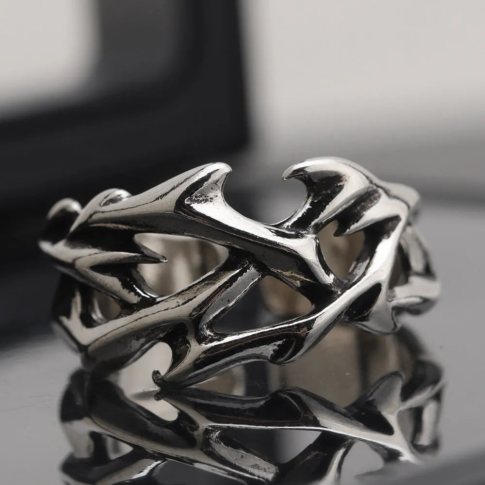 Copper geometric thorn flower ring with adjustable opening on finger