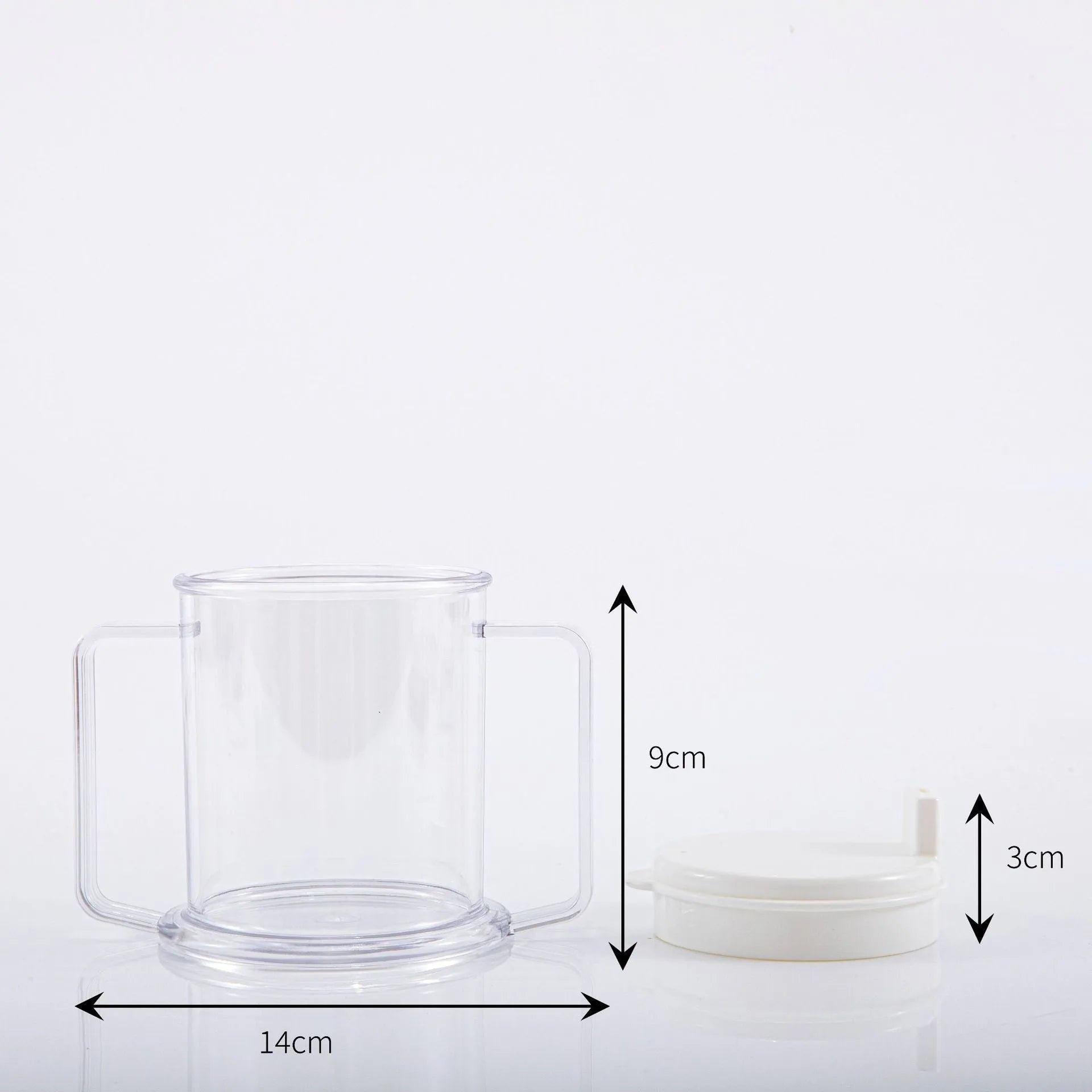 Transparent spill-proof drinking cup made of PP plastic, 14cm tall.