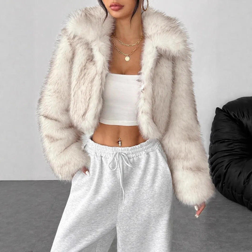 Short-length artificial fur coat with a thick fur collar, shown in one of six available colour options.