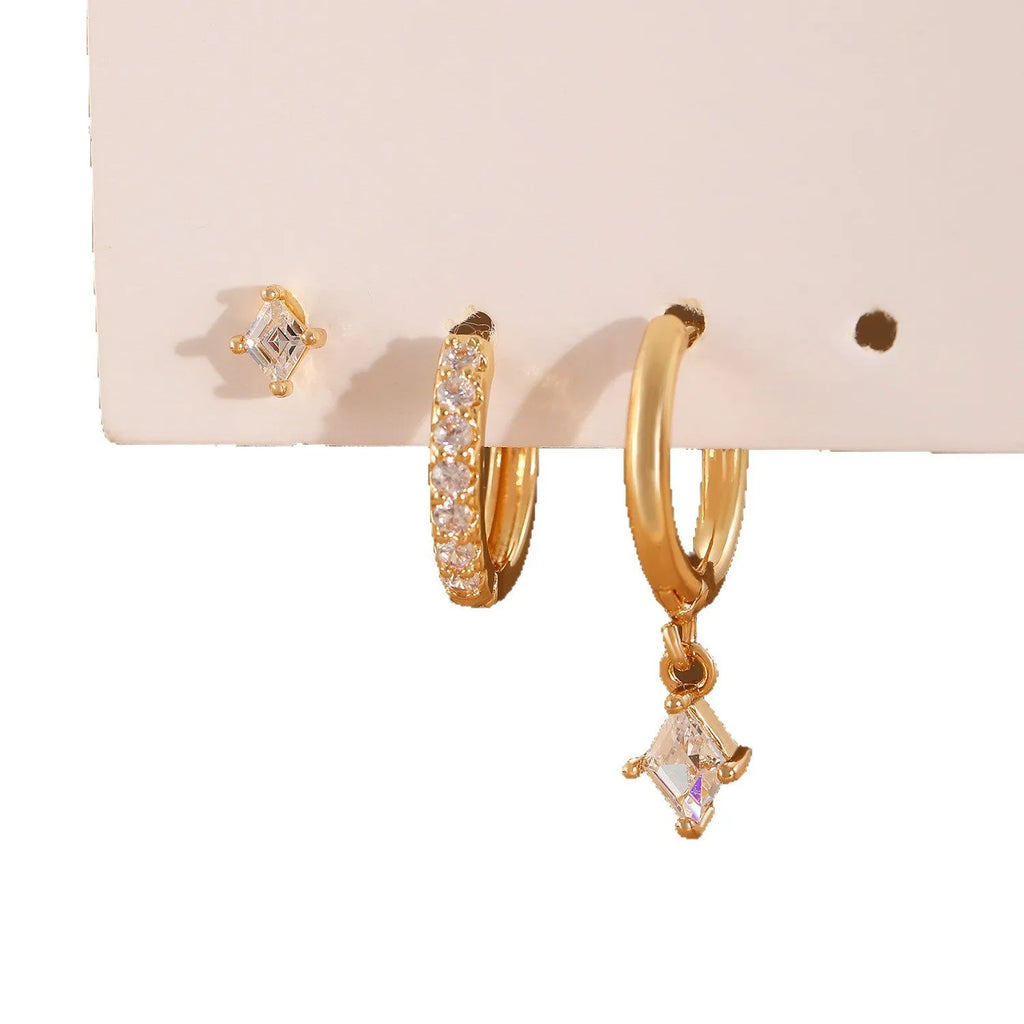 Ladies three-piece geometric earring set with zircon stones in gold and white finish options