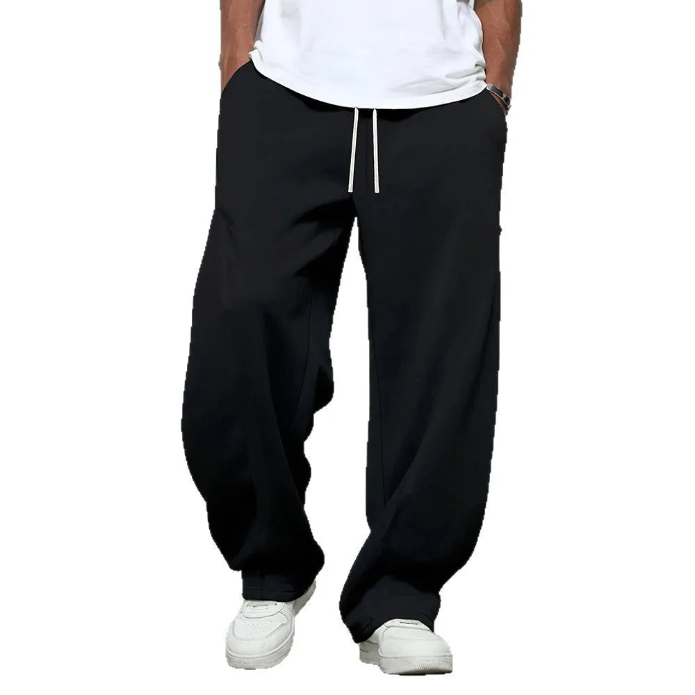 Men's straight-leg casual trousers in black polyester with a drawstring waistband