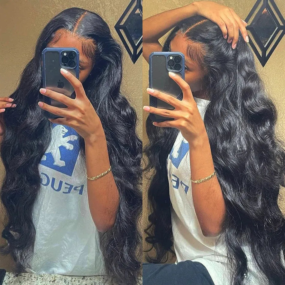 Black synthetic front lace wig with long curly hair and side-swept bangs