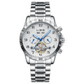 Silver men's automatic perpetual calendar watch with stainless steel band and sapphire glass.