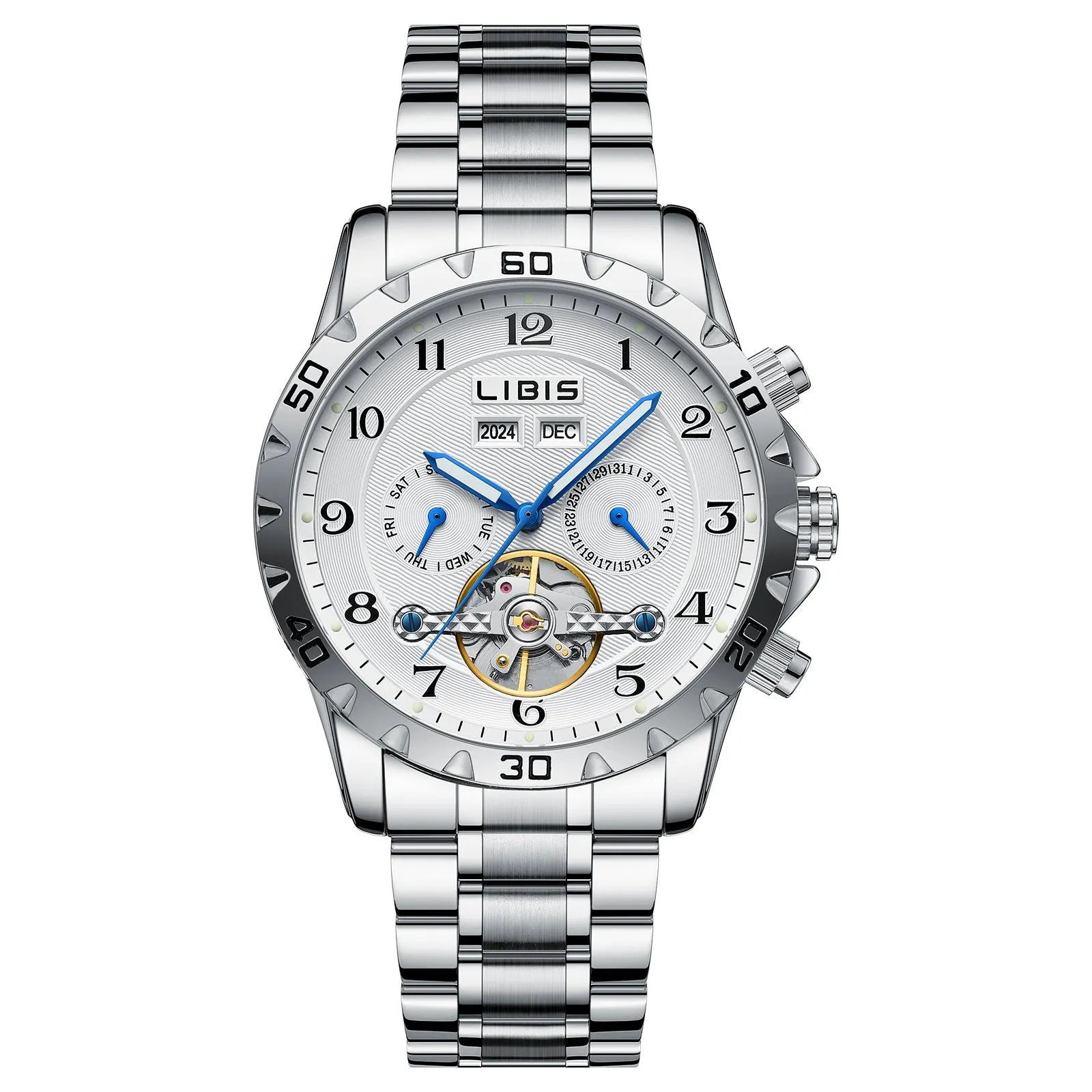 Silver men's automatic perpetual calendar watch with stainless steel band and sapphire glass.