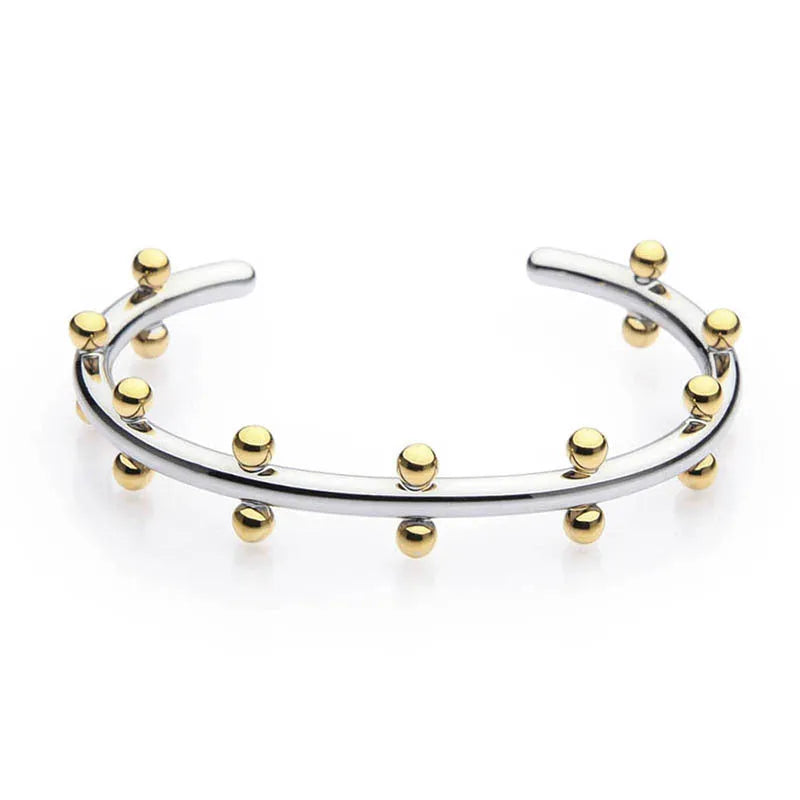Stainless steel C-shaped rivet bean bead bracelet with alloy chain fastening in gold or steel colour