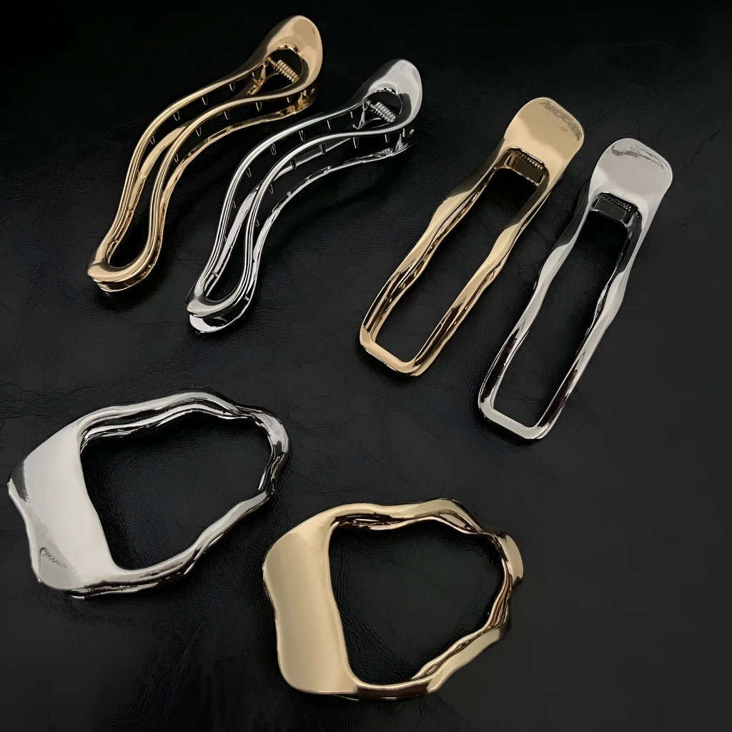 Zinc alloy hair barrettes in geometric shapes with gold and silver polished finishes
