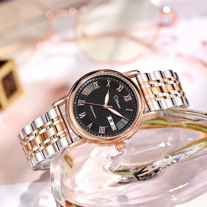 6023B automatic women's mechanical watch in steel and leather strap options on wrist