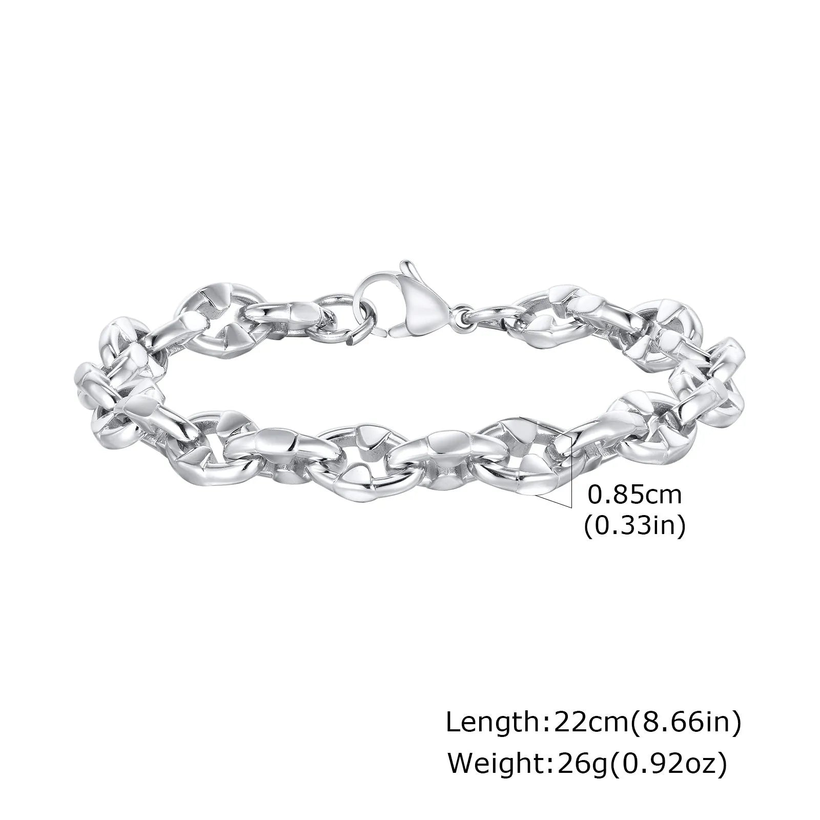 Stainless steel thick geometric chain bracelet on a wrist, showing handmade links and steel colour finish.