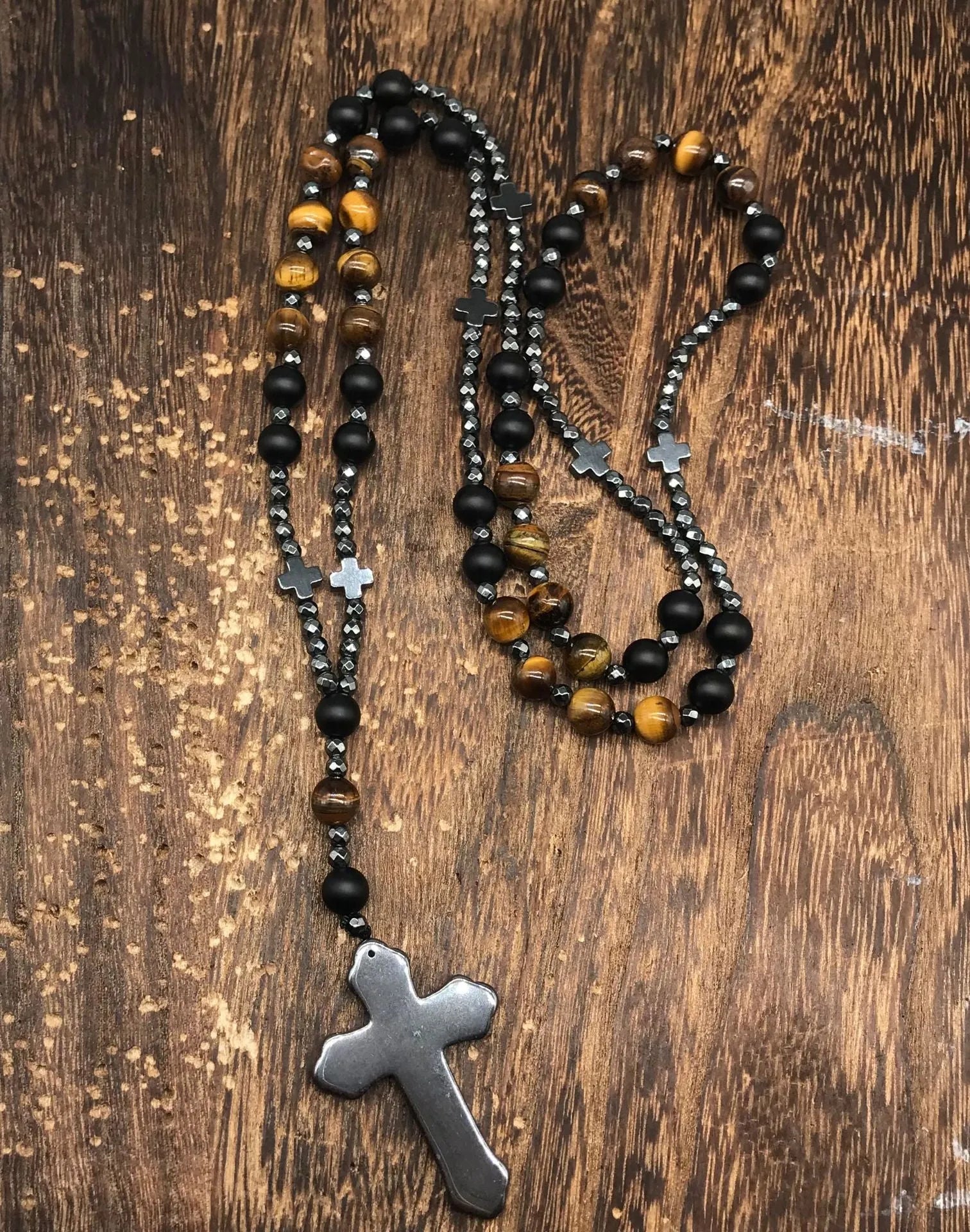 Men's stone cross pendant necklace on an 80cm ball bead chain with a safety lock