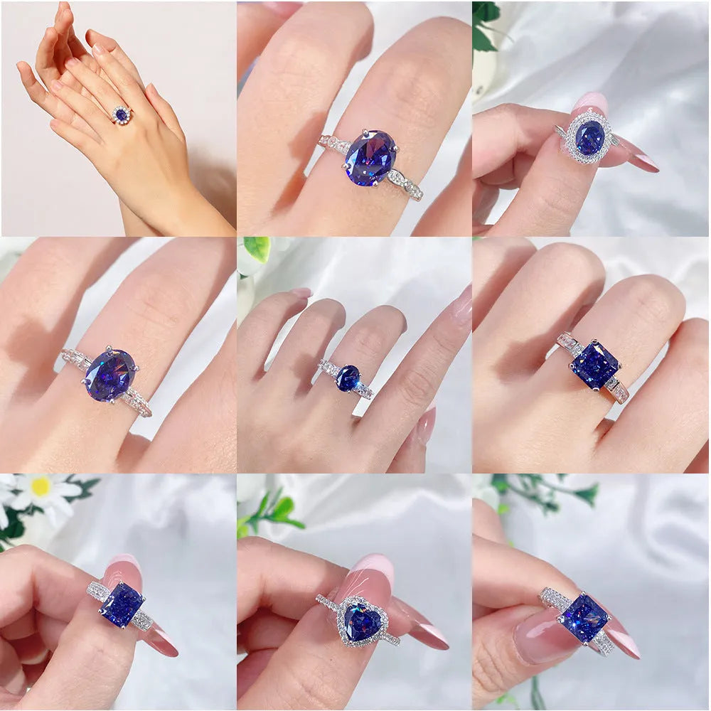Heart-shaped high carbon diamond ice flower cut colour zircon stone set in a women's 925 sterling silver ring.