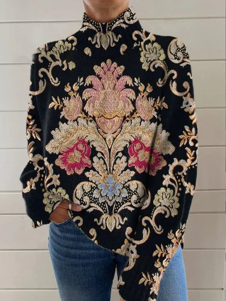 Black 3D pattern printed turtleneck loose fit sweater on a hanger