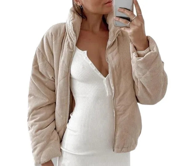 Apricot-colour women's corduroy jacket with a stand collar, long sleeves, and a front zip.