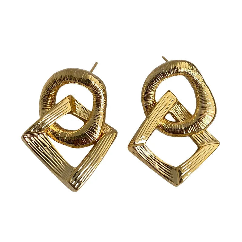 Retro circle pendant earrings in gold or silver electroplated copper with 3.4cm geometric drop design