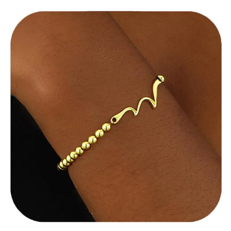 Adjustable stainless steel beaded bracelet with geometric design and round beads in multiple colour styles