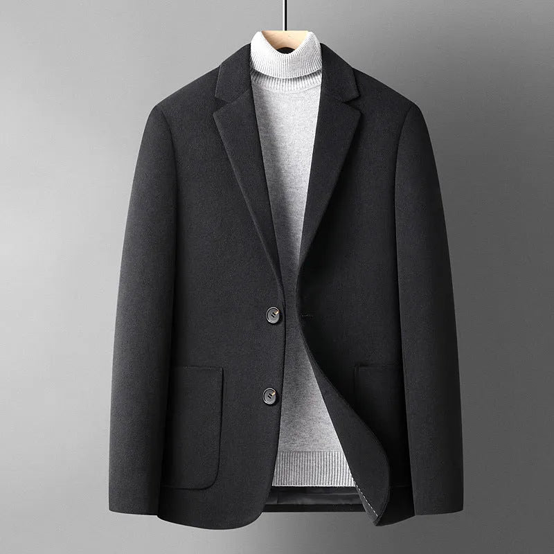 Men's slim fit wool suit jacket in gray, featuring a non-iron fabric and polyester lining for autumn and winter.