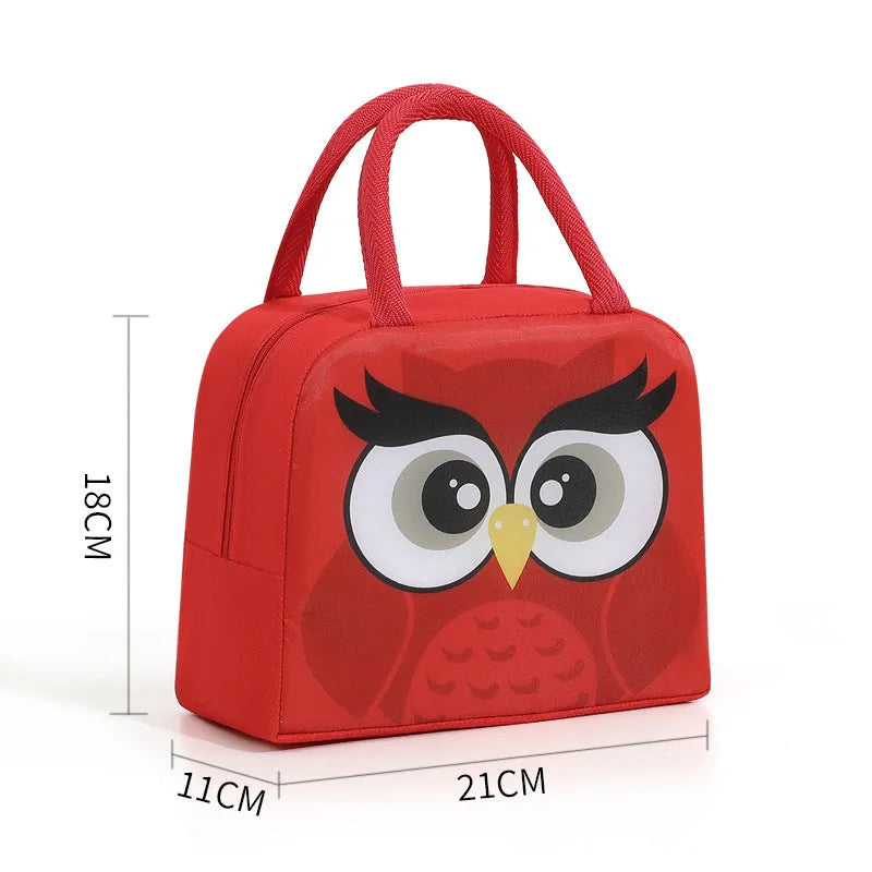 Cartoon insulated lunch box bag for children in Orange Bear design with zip closure.