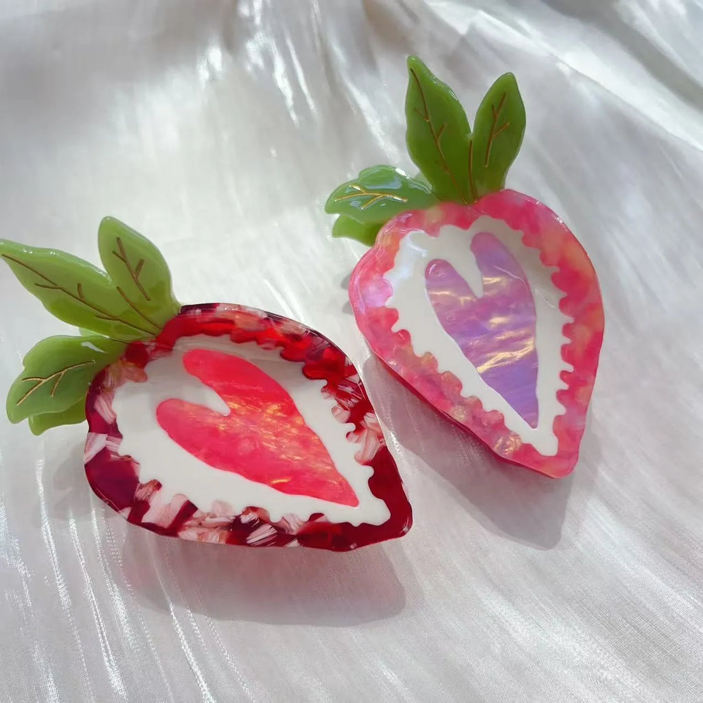 Handmade red and pink strawberry fruit hairpin for girls, a pastoral style decorative hair clip.