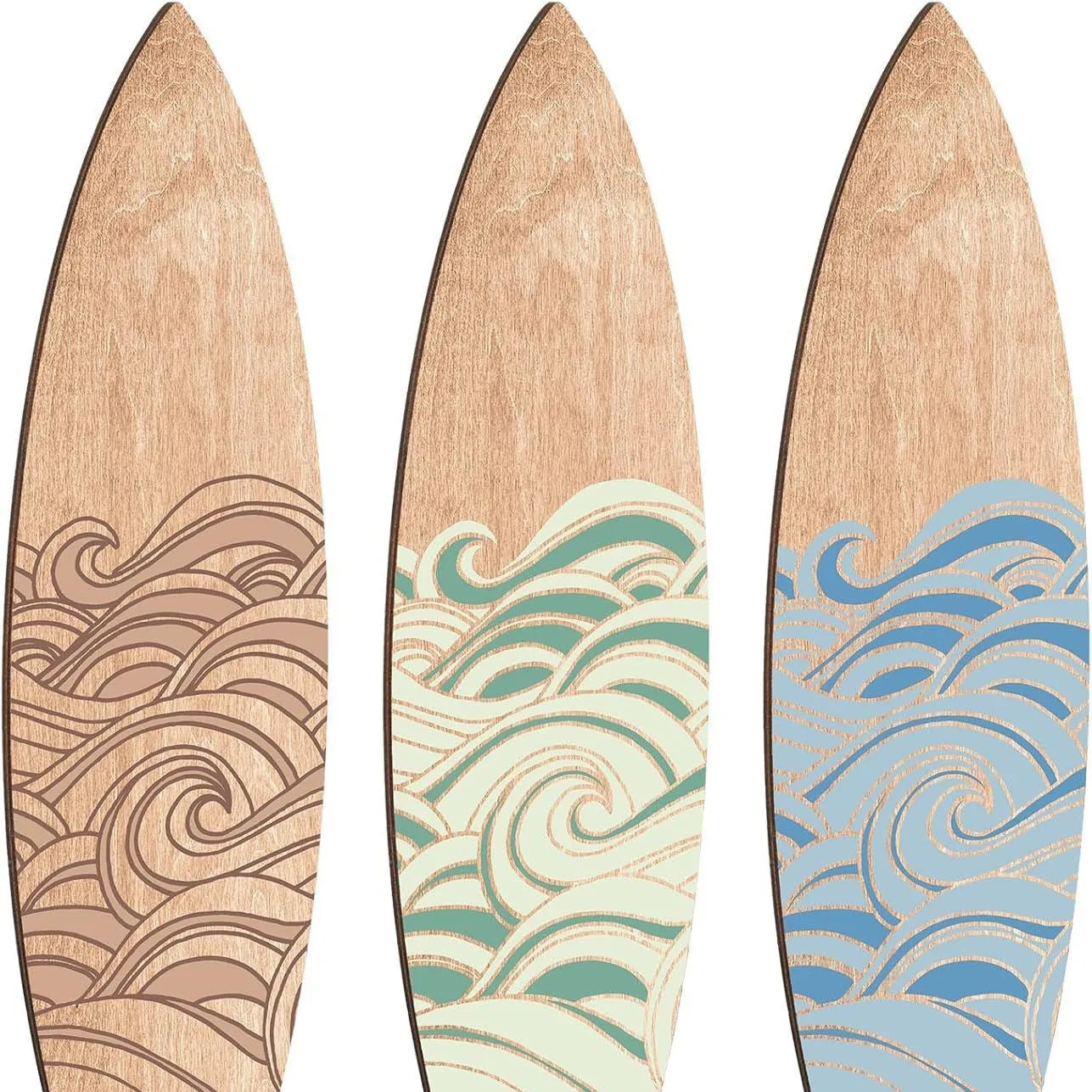 Three identical wooden surfboard wall decorations with European-style carving