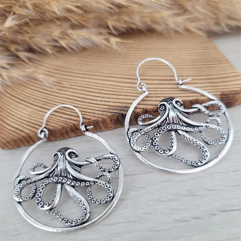 Octopus earrings antique silver finish zinc alloy electroplated retro style