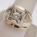 Gold geometric hollow couple rings with wide face design and chamfered square patterns