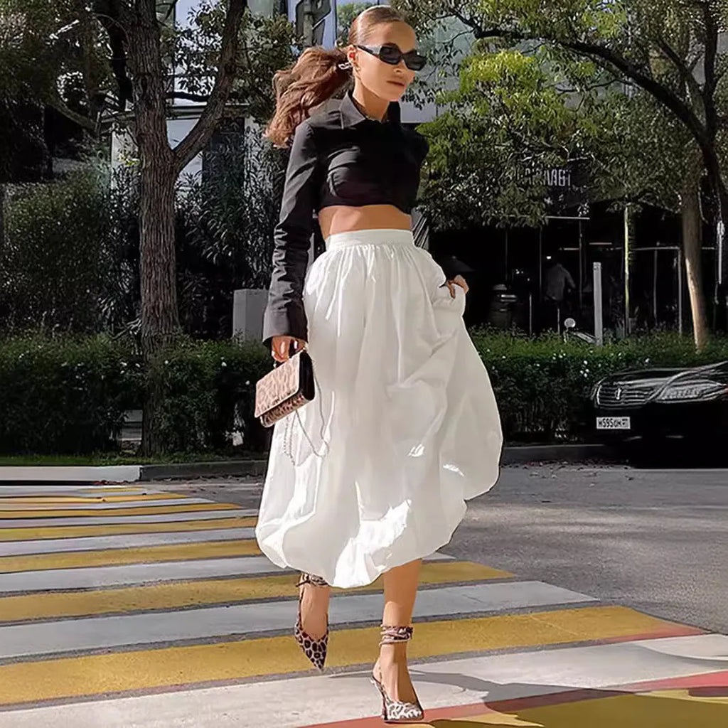 Women's solid colour cotton long skirt in black or white options