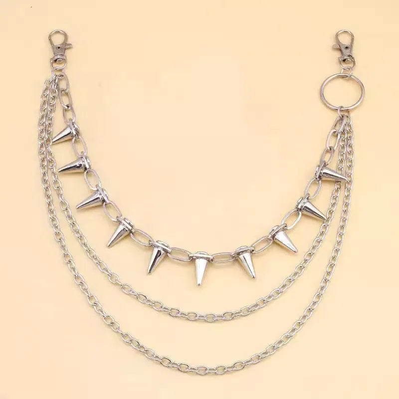 Silver metal alloy trousers chain with rivet and zipper punk detailing, 115cm length