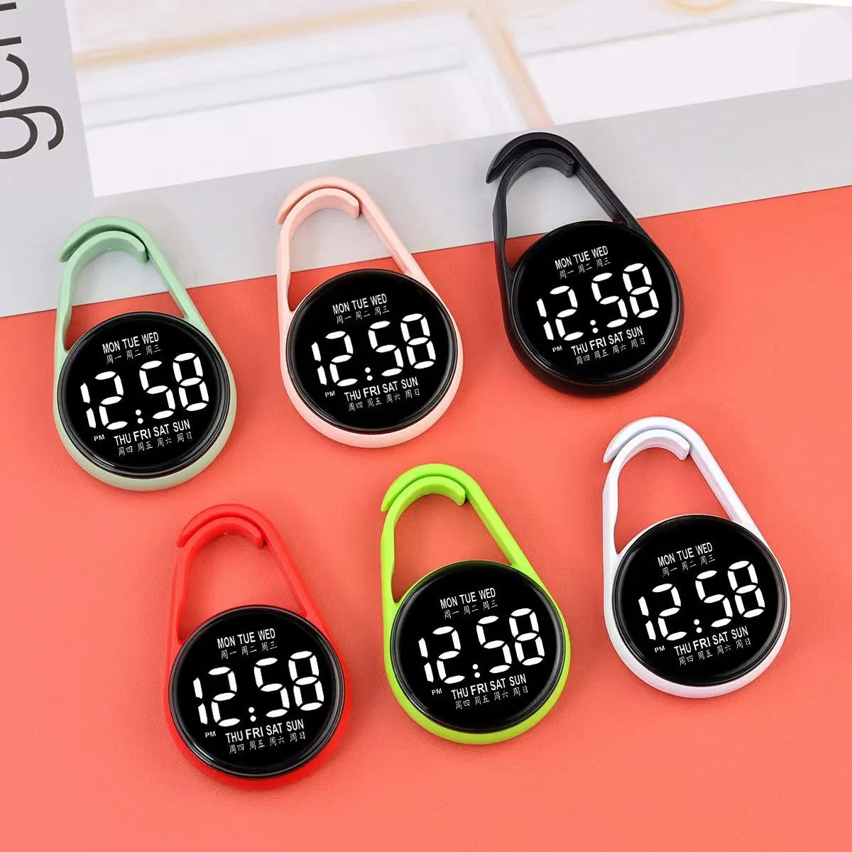 LED digital watch with luminous display and waterproof design shown in multiple colour options