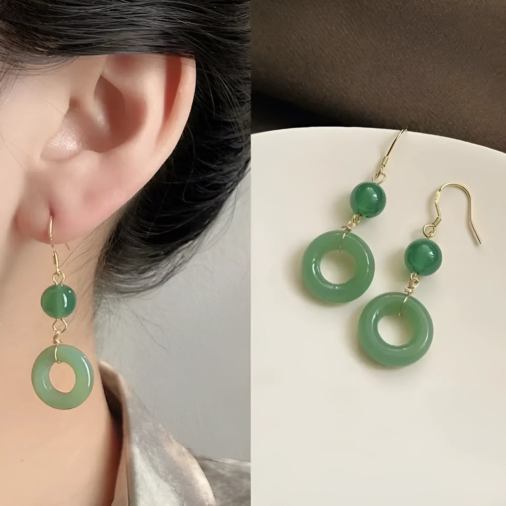 Green jade peace buckle shaped earrings with 14K gold plating for Chinese style clothing
