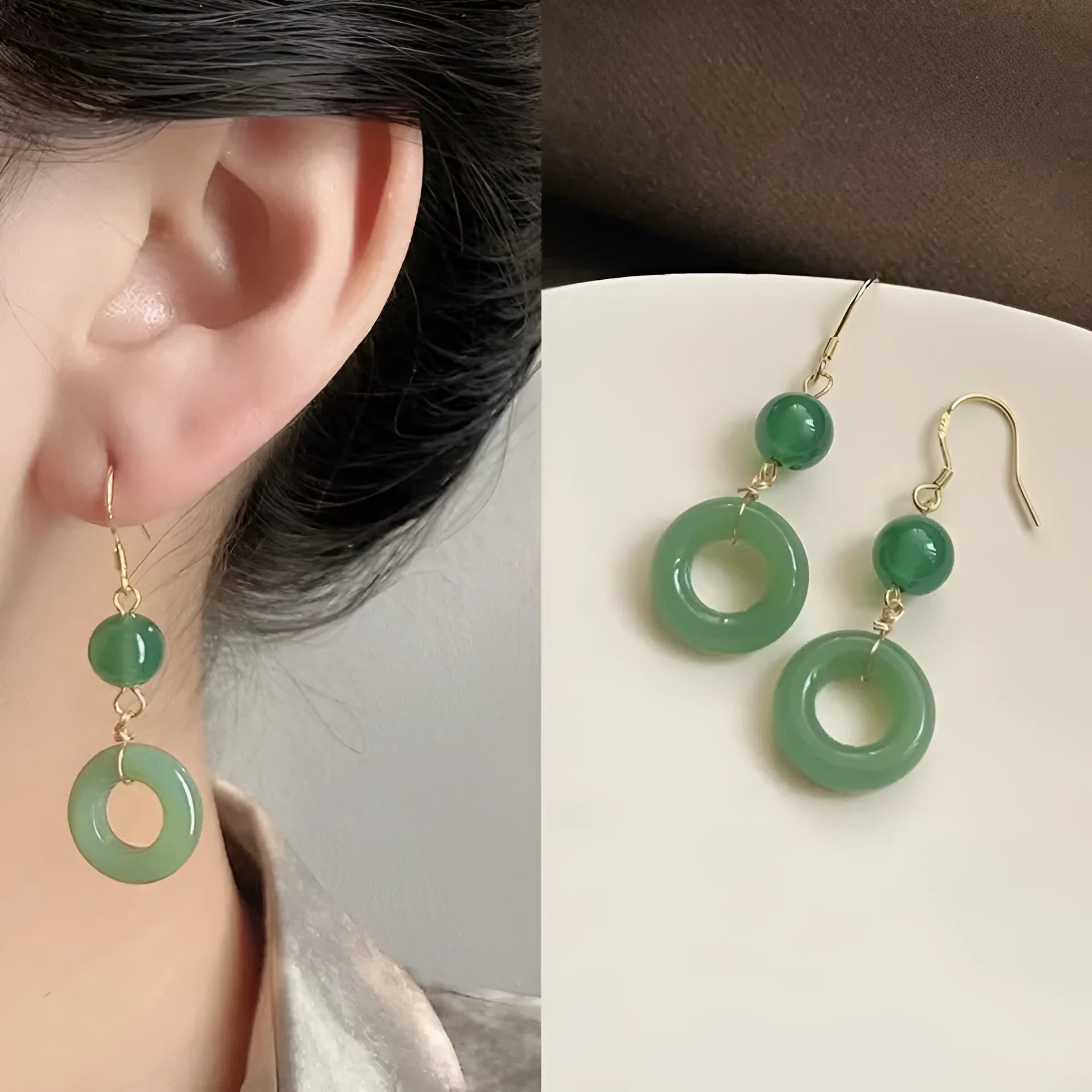 Green jade peace buckle shaped earrings with 14K gold plating for Chinese style clothing