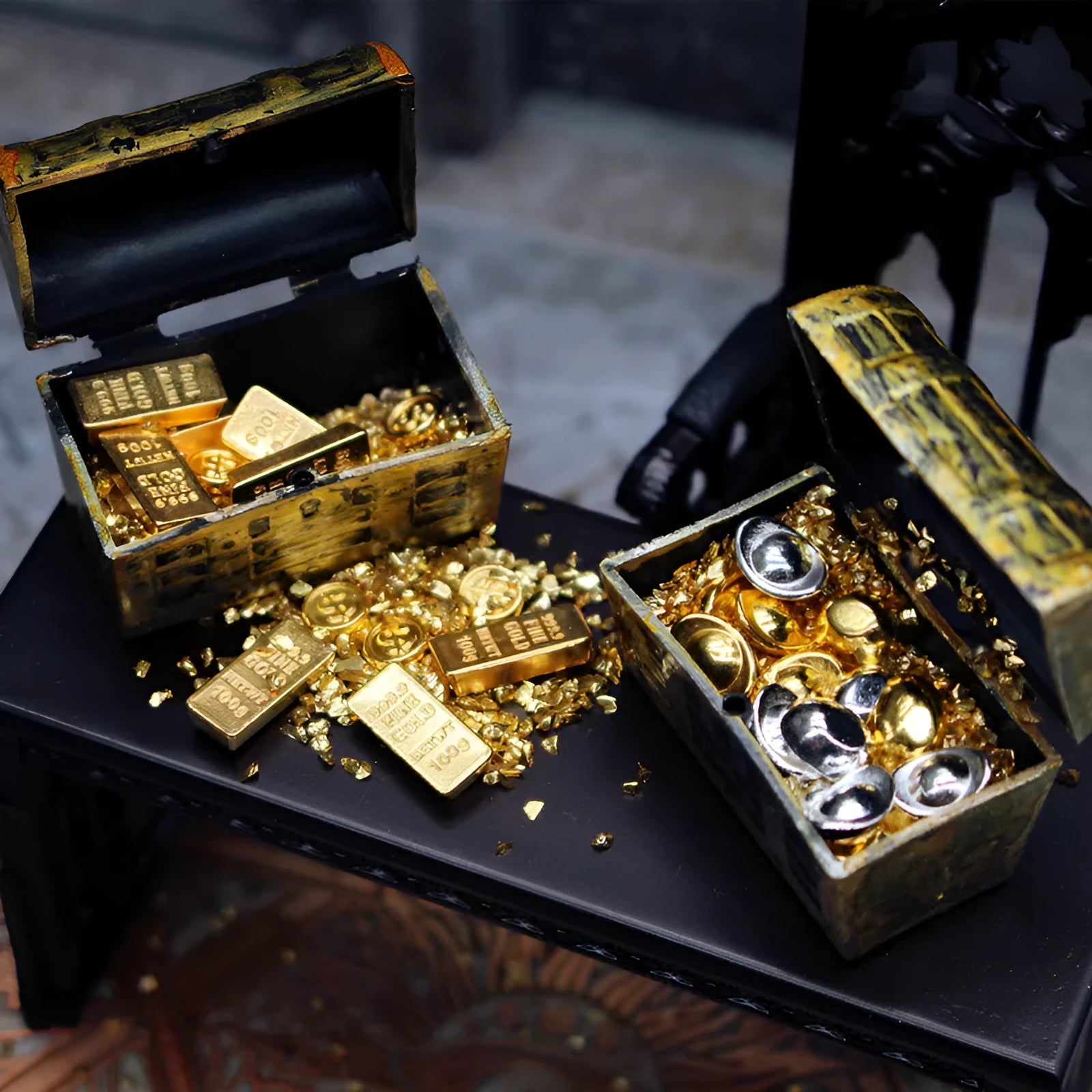 Miniature alloy gold coin treasure box doll house accessories with gold bars and ingots