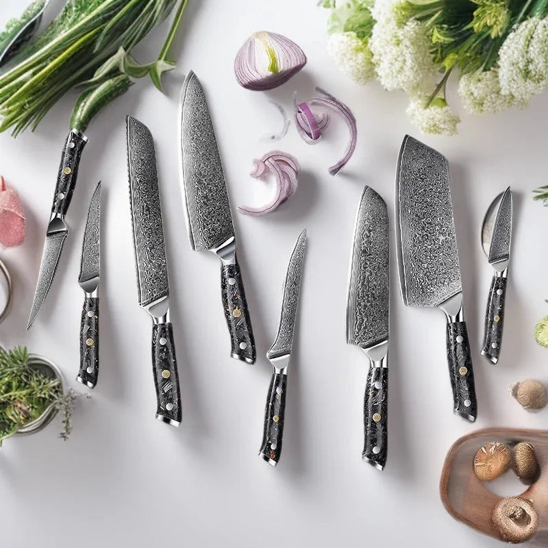 Damascus steel eight-piece kitchen knife set showing fishbone pattern blades and modern handles.