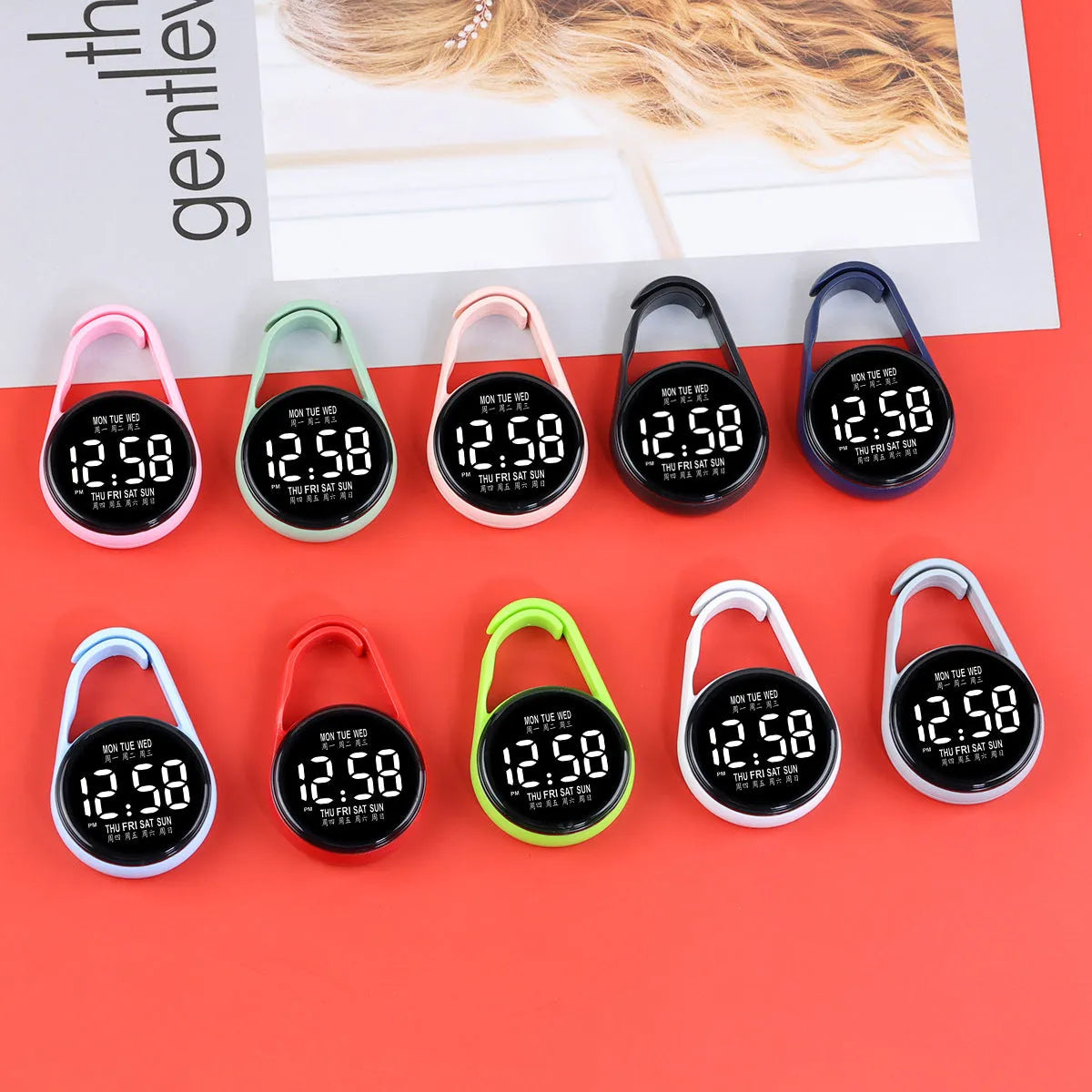 LED digital watch with luminous display and waterproof design shown in multiple colour options