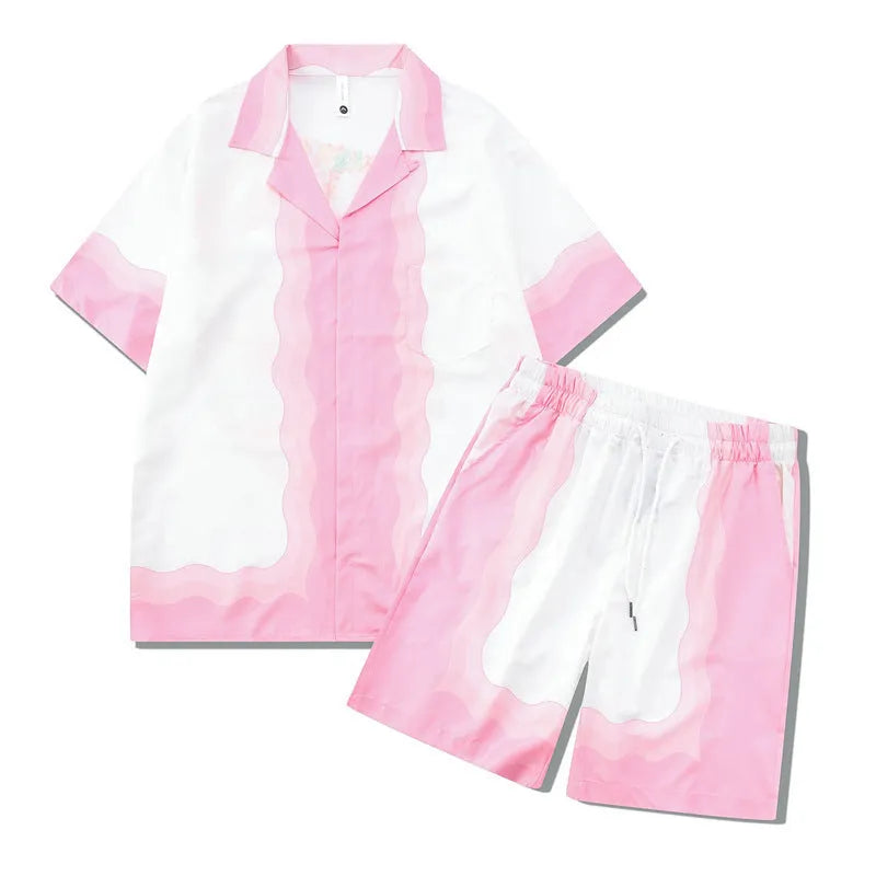 Men's plaid print polyester beach shirt and matching trousers casual outfit set.