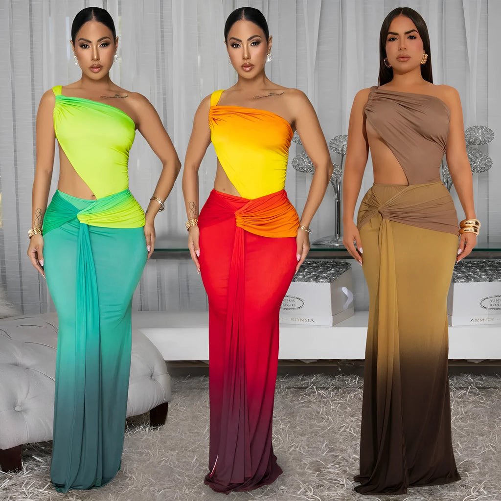 Women's brown gradient sleeveless dress with cross-shoulder design and high waist