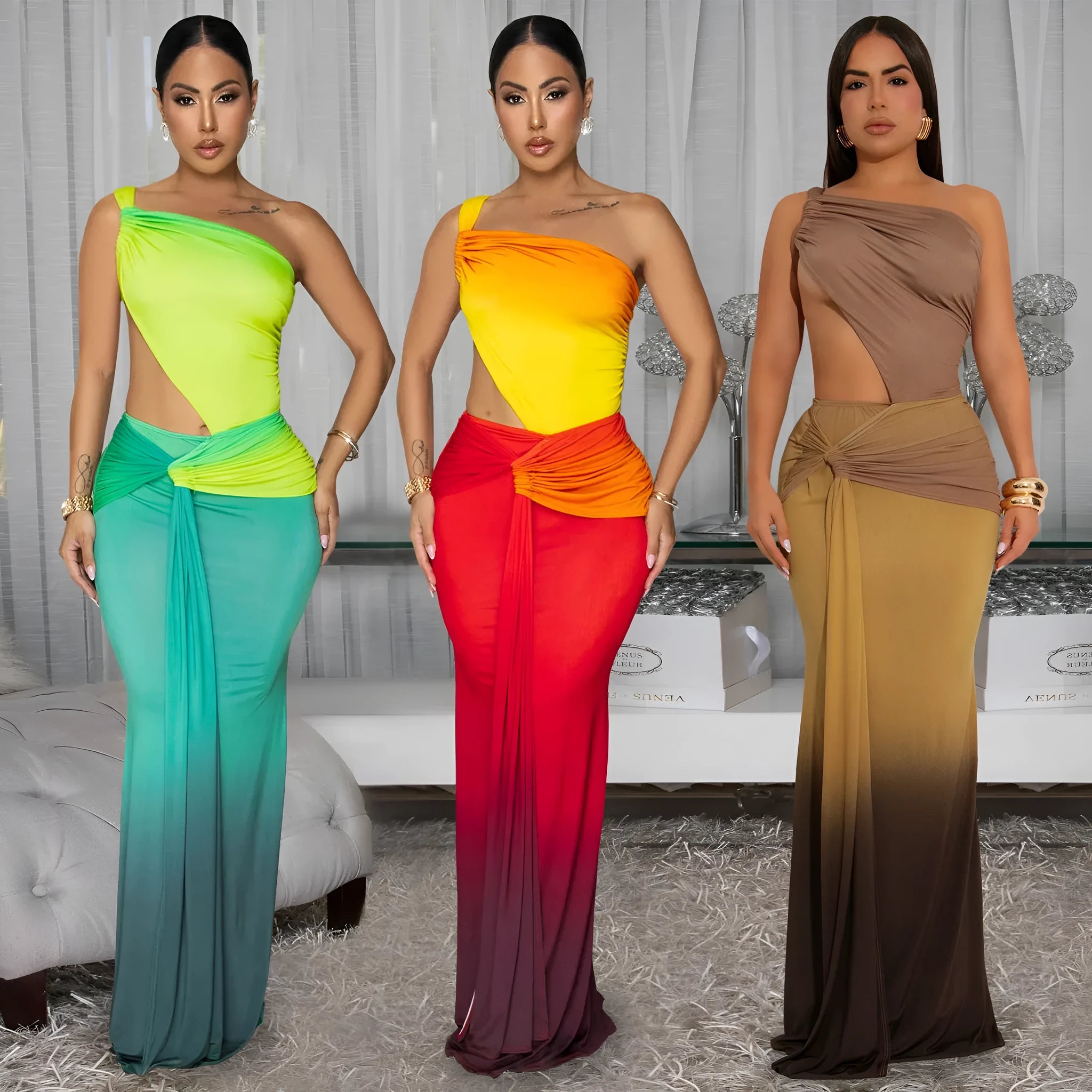 Women's brown gradient sleeveless dress with cross-shoulder design and high waist
