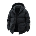 Men's black hooded padded cardigan coat with Korean style letter print on the chest.