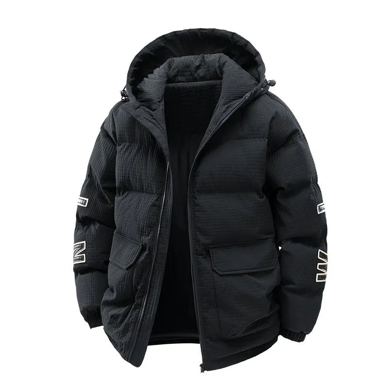Men's black hooded padded cardigan coat with Korean style letter print on the chest.