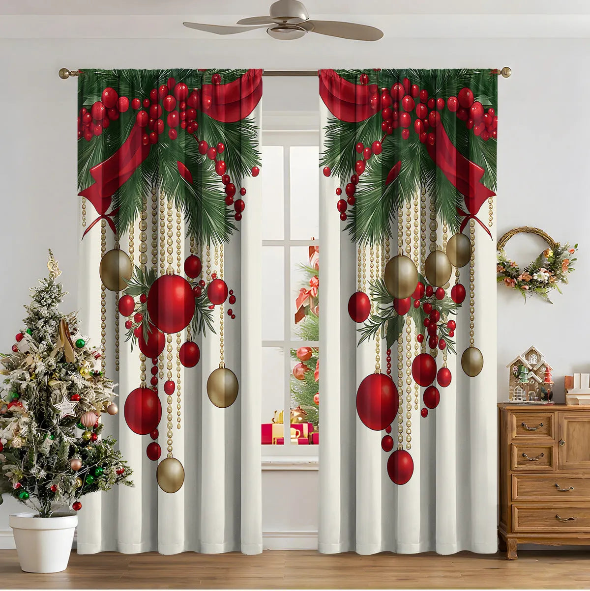 3D digital printed Christmas curtain in a modern European style, showing festive pattern and fabric texture.