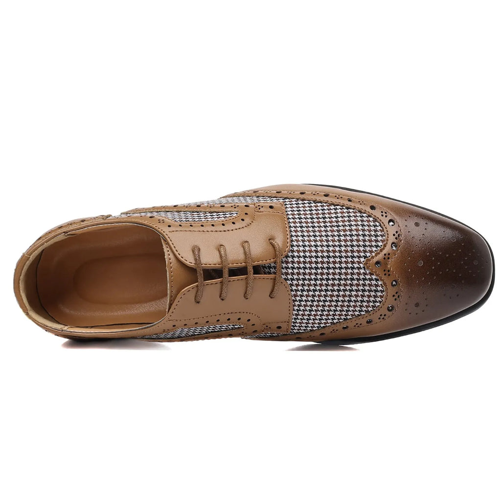 Men's houndstooth pattern casual shoes in black with a square toe and lace-up front.