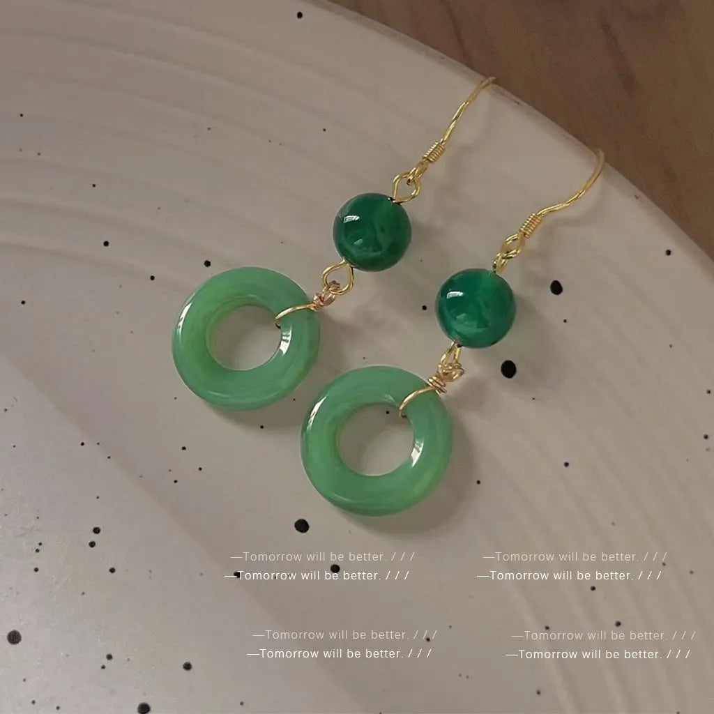 Green jade peace buckle shaped earrings with 14K gold plating for Chinese style clothing