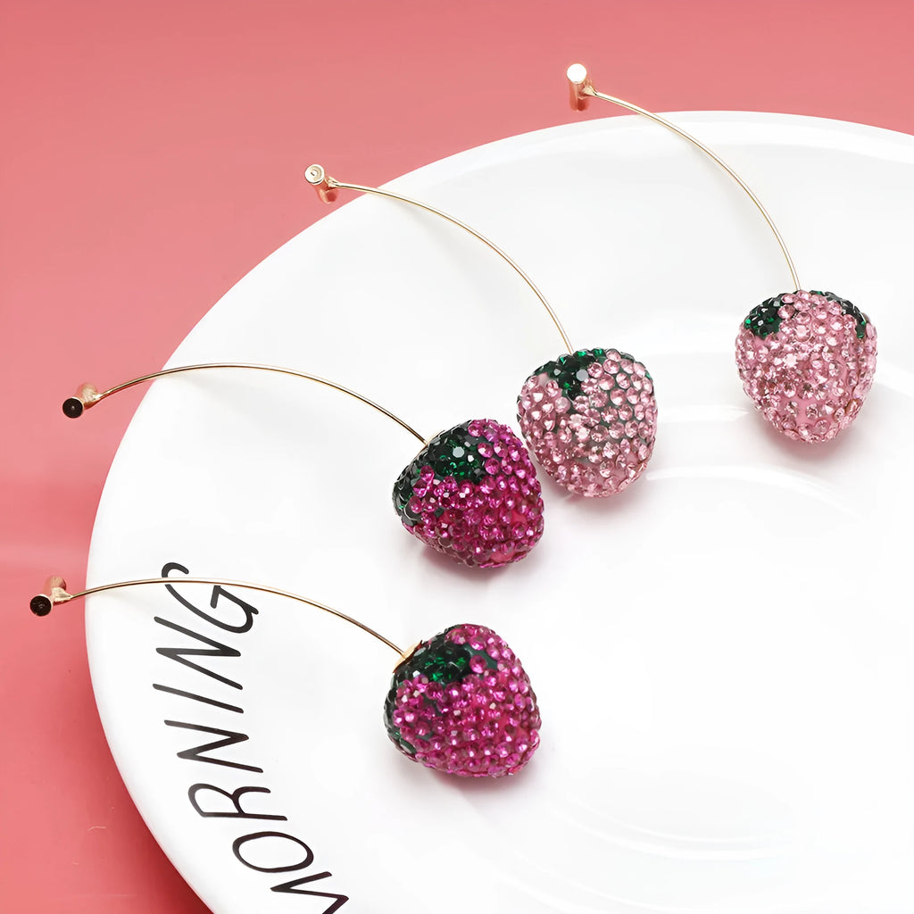 Red geometric strawberry earrings with spot drill detailing on zinc alloy