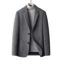 Men's slim fit wool suit jacket in gray, featuring a non-iron fabric and polyester lining for autumn and winter.