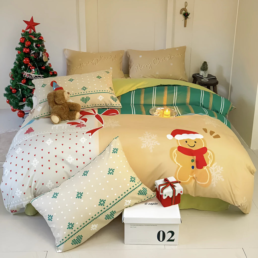 Christmas cartoon printed bedding four-piece set with gingerbread man designs on super soft washed cotton