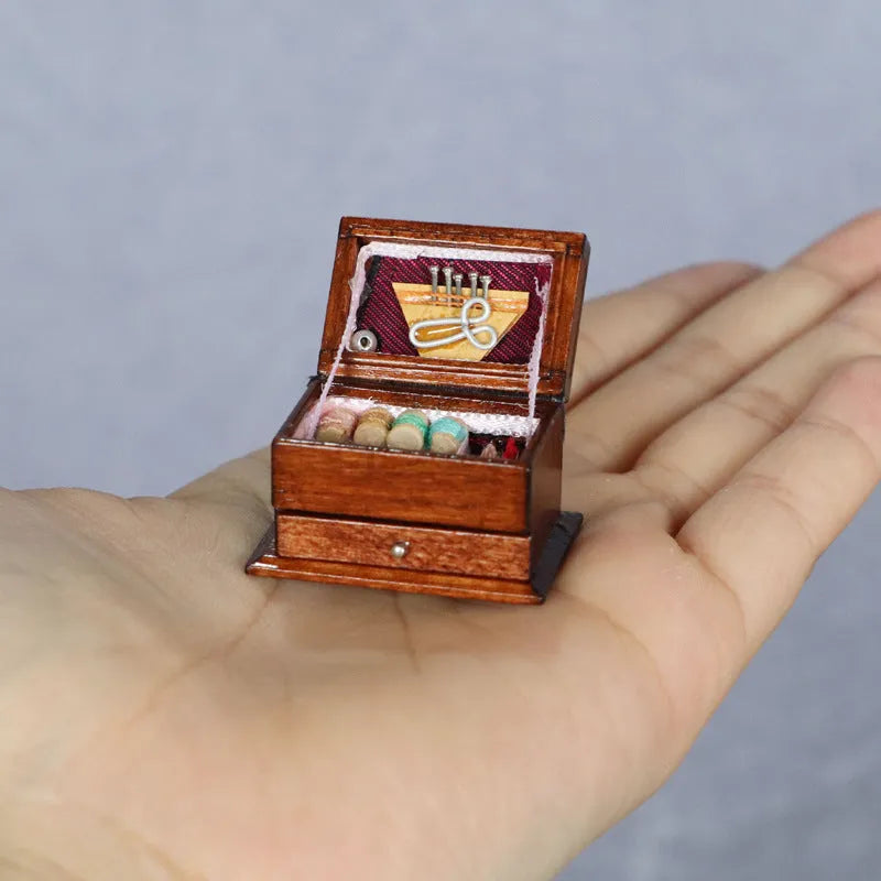 European-style miniature wooden sewing kit box made of birch, showing double layer design and compact size.