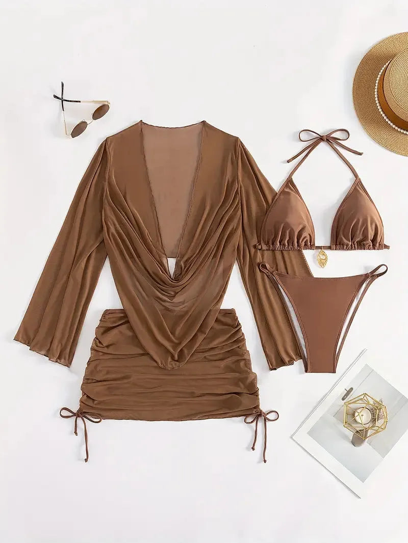 Dark brown women's bikini set with lace-up front and backless design on a mannequin.