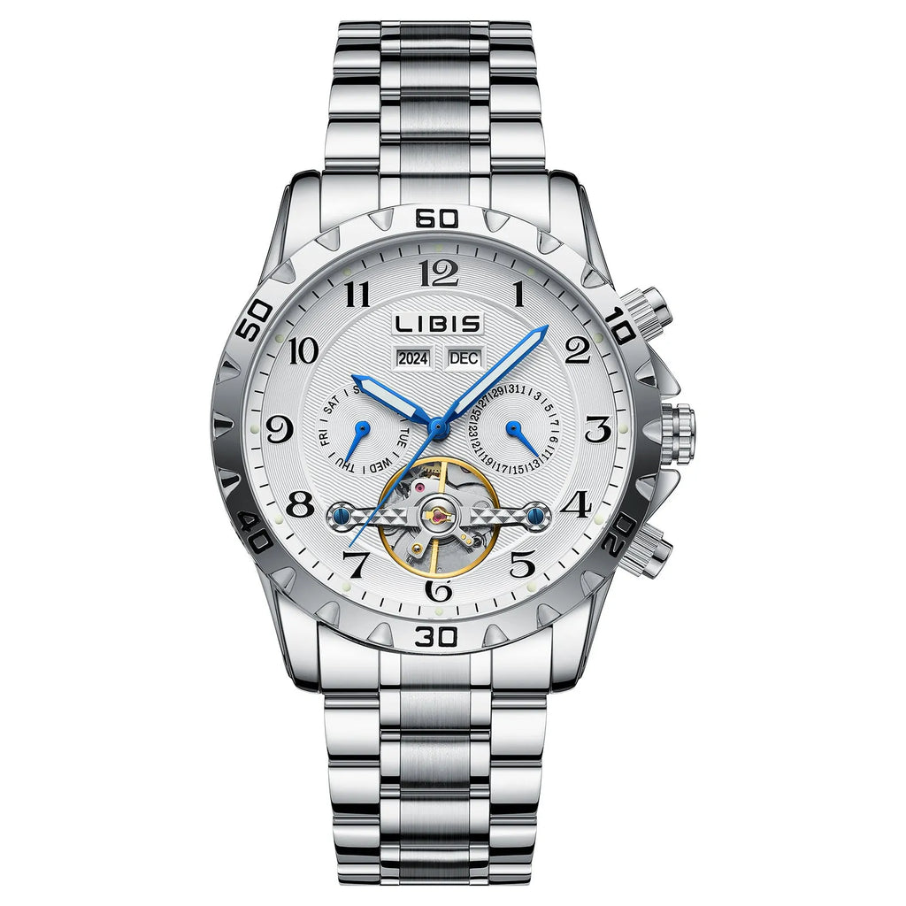 Silver men's automatic perpetual calendar watch with stainless steel band and sapphire glass.
