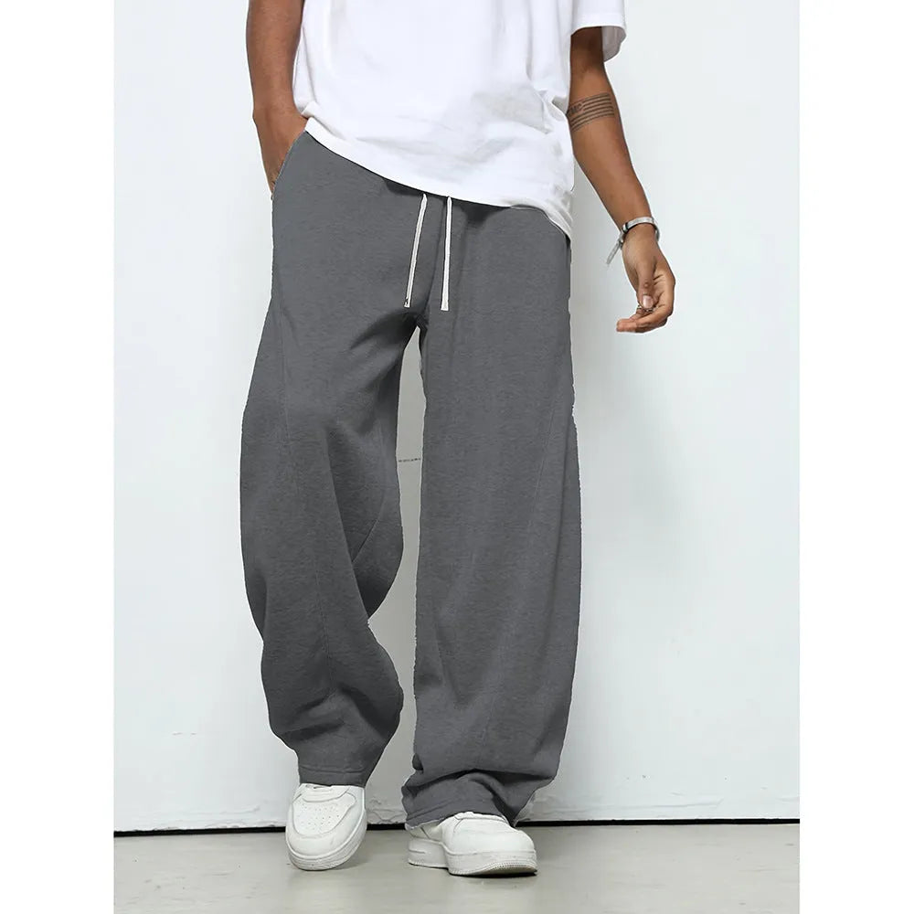 Men's straight-leg casual trousers in black polyester with a drawstring waistband