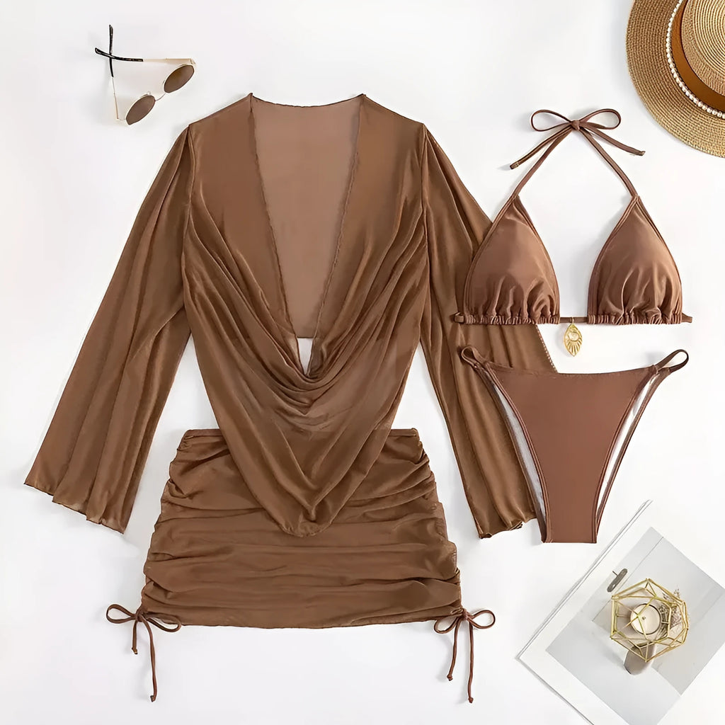 Dark brown women's bikini set with lace-up front and backless design on a mannequin.