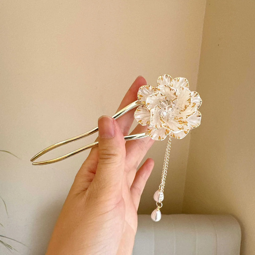Purple and white peony flower U-shaped hairpin barrette with tassel detail on alloy base.