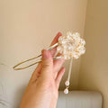 Purple and white peony flower U-shaped hairpin barrette with tassel detail on alloy base.